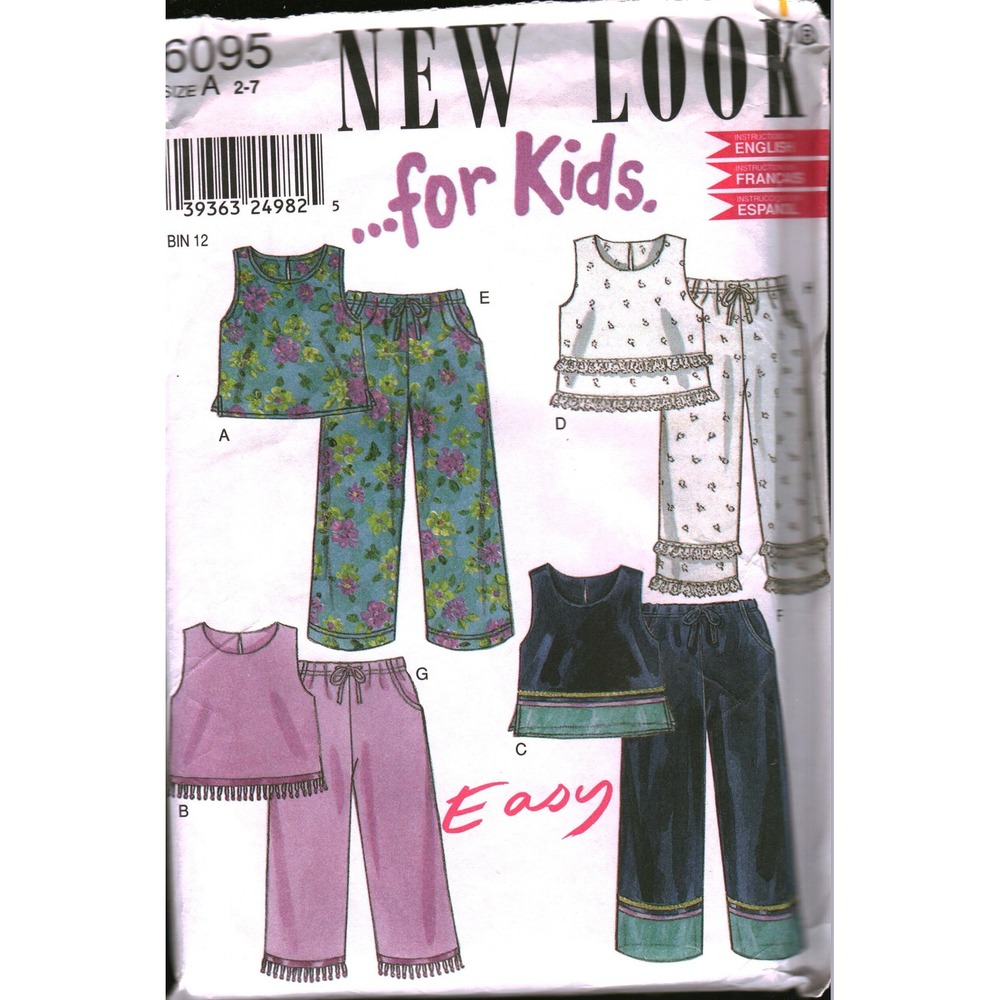 New Look 6095 Kids Sewing Pattern Pajamas Sleepwear Tops Pants Size 2-7 Easy